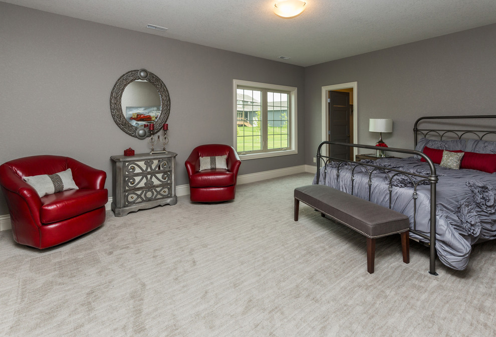 Transitional bedroom in Other with grey walls and ceramic floors.