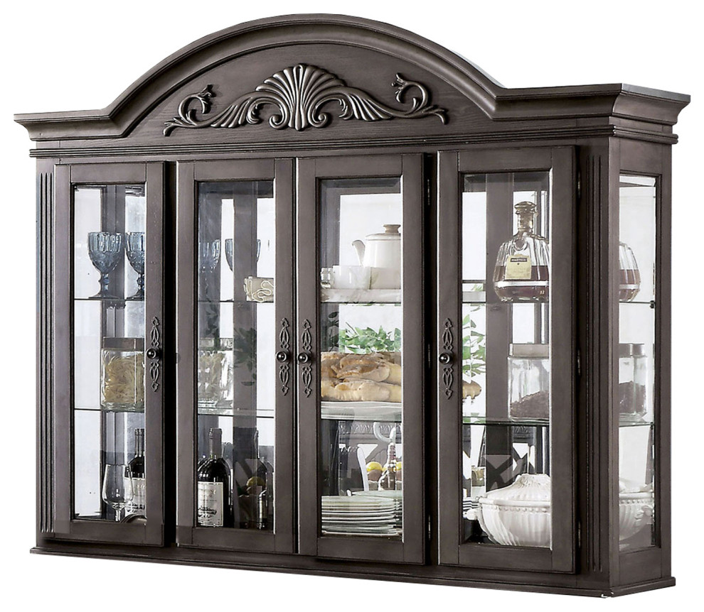 Benzara BM235556 Wooden Arched Top Hutch With 2 Glass Shelves, Brown