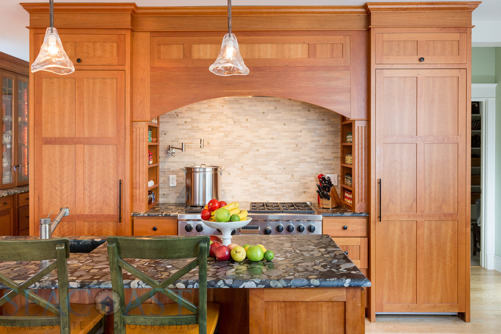 This is an example of an arts and crafts kitchen in Portland Maine.