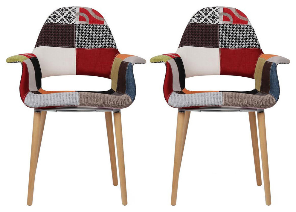 Patchwork Fabric With Arms Modern Chairs, Set of 2 Midcentury
