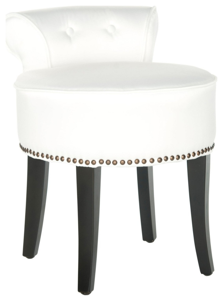 Contemporary Vanity Stool, Birch Legs & White Seat With Nailhead & Low