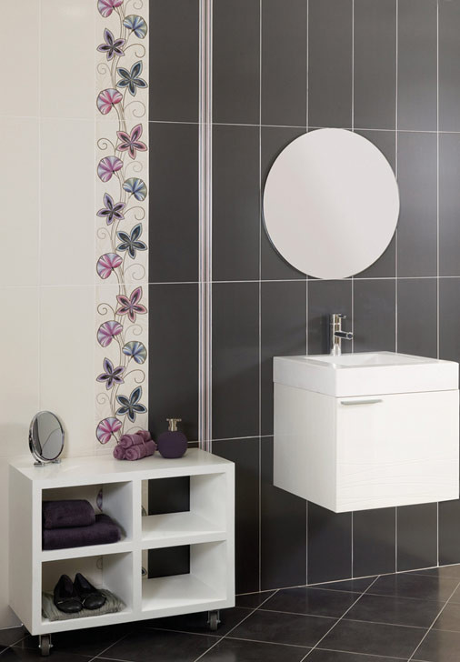 Example of a trendy black tile and ceramic tile porcelain tile bathroom design in Toronto with a wall-mount sink, furniture-like cabinets and white cabinets
