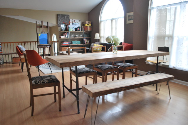 Reclaimed Wood And Steel Pipe Leg Table And Hairpin Leg Bench