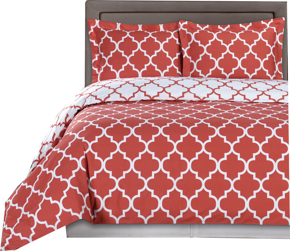 Meridian 100% Cotton Duvet Cover Set, Coral and White, Full/Queen