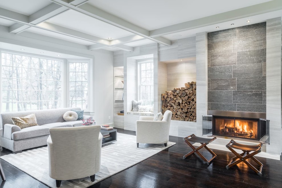Inspiration for a large contemporary formal open concept living room in New York with dark hardwood floors, a ribbon fireplace, white walls, a metal fireplace surround, no tv and brown floor.