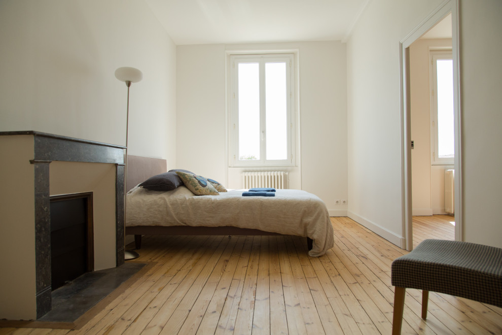 Aménagement d'une chambre d'amis contemporaine de taille moyenne avec un mur blanc, parquet clair, une cheminée standard et un manteau de cheminée en pierre de parement.