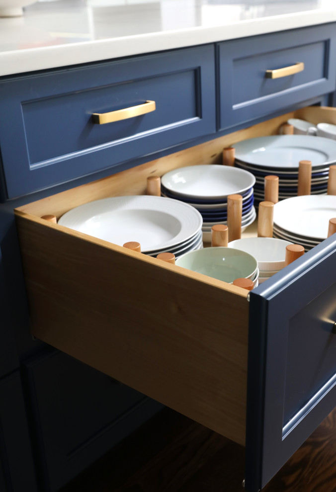 Example of a huge transitional medium tone wood floor and brown floor eat-in kitchen design in Chicago with shaker cabinets, blue cabinets, quartzite countertops and white countertops