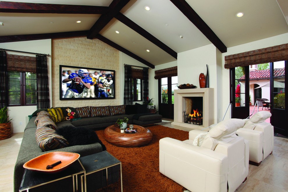 Inspiration for an expansive contemporary living room in Orange County with a wall-mounted tv.