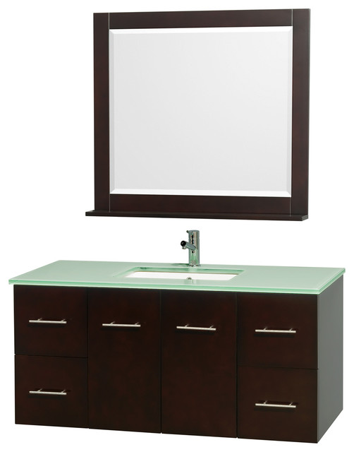 48" Single Vanity,Espresso,Green Glass Top,Square Porcelain Sink,36" Mirror