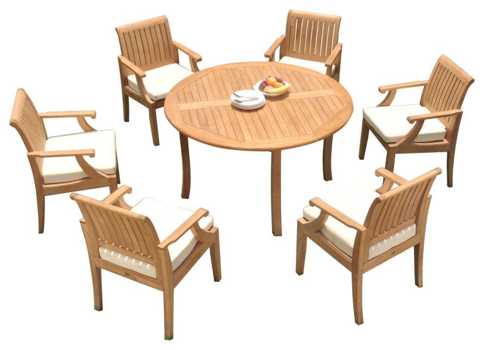 7 Piece Outdoor Patio Teak Dining Set 52 Round Table 6 Lagos Arm Chairs Transitional Outdoor Dining Sets By Teak Deals