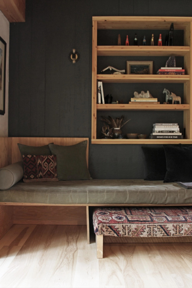 Photo of a scandi living room in Other with a reading nook, light hardwood flooring and a wood ceiling.