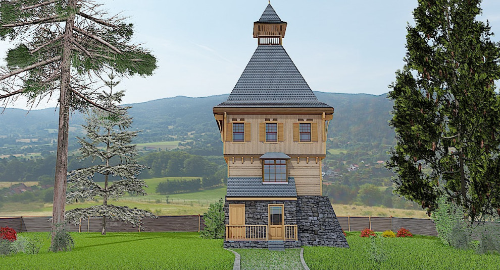 Проект дома 6 на 6 в стиле древнерусской сторожевой башни вид со стороны входа.