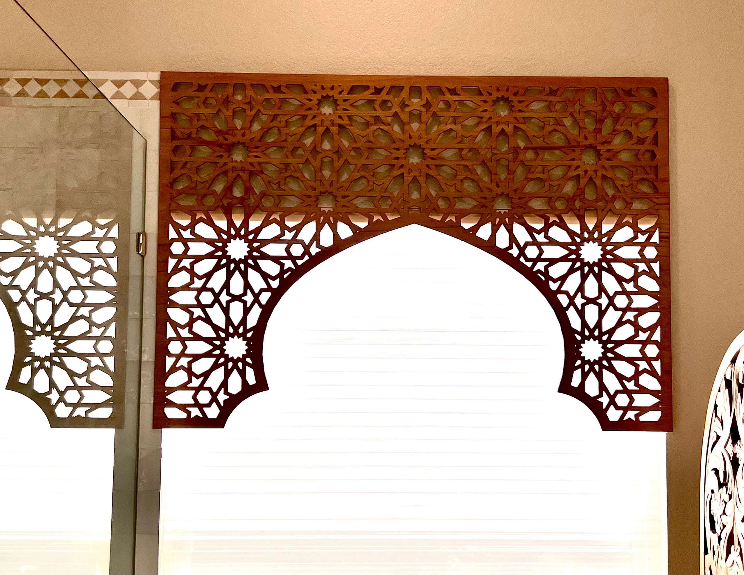 Custom Balsa Wood Valance Laser Cut to Match the Moroccan Mosaic Tile
