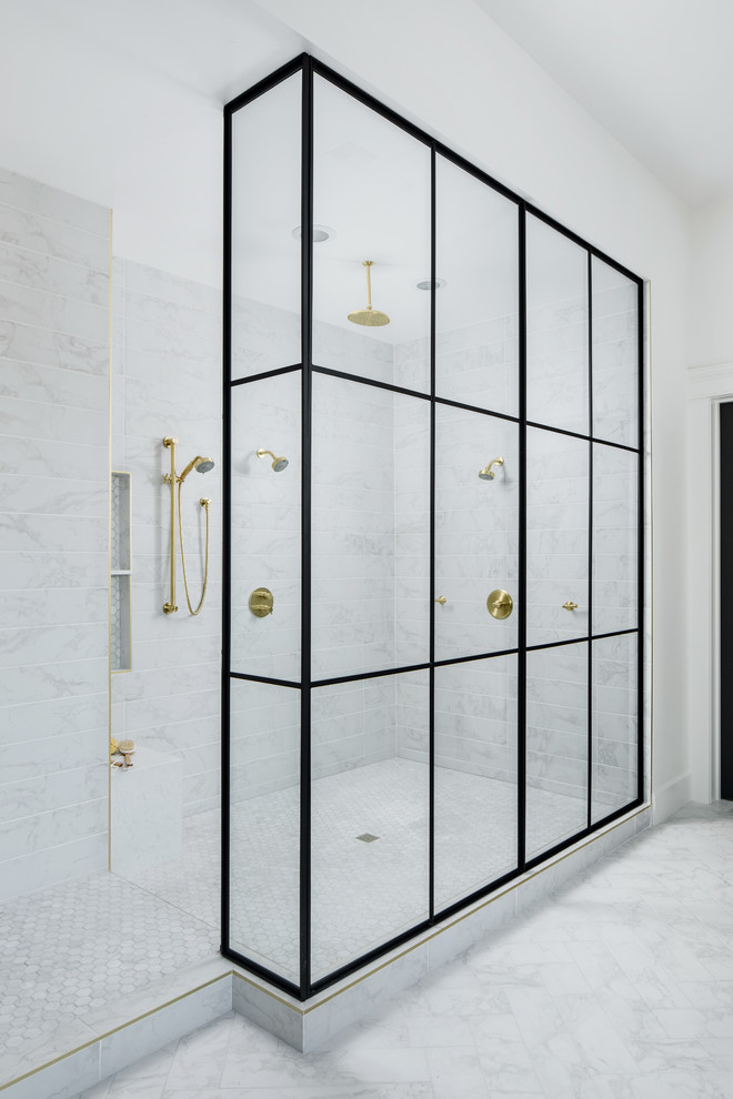 Large transitional master gray tile and marble tile light wood floor and beige floor freestanding bathtub photo in Phoenix with shaker cabinets, black cabinets, a one-piece toilet, white walls, an undermount sink and quartz countertops
