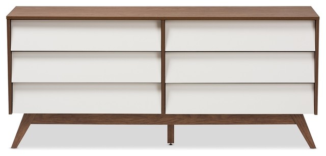 Mid Century Modern White And Walnut Wood 6 Drawer Storage Dresser Walnut Wood 6 Drawer Storage Dresser