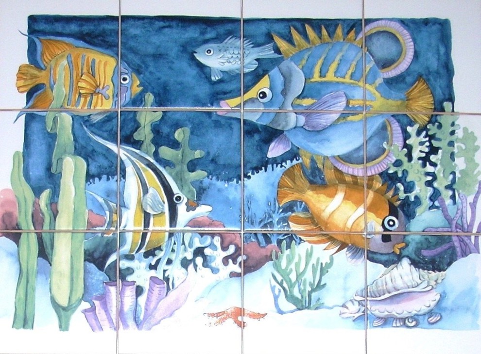 Tropical Fish Blue Kiln Fired Ceramic Tile Mural Backsplash, 12Piece