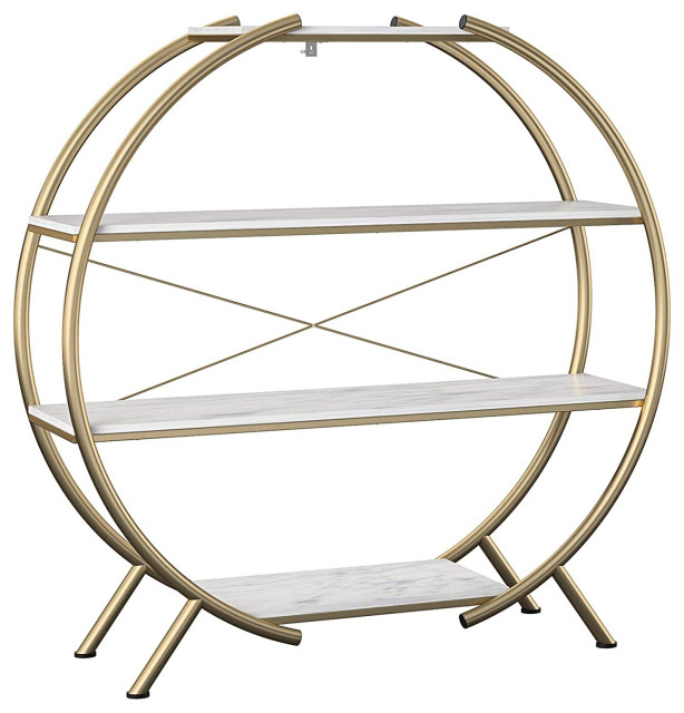 Unique Round Shaped Bookcase, Gold Frame and White Faux Marble Shelves