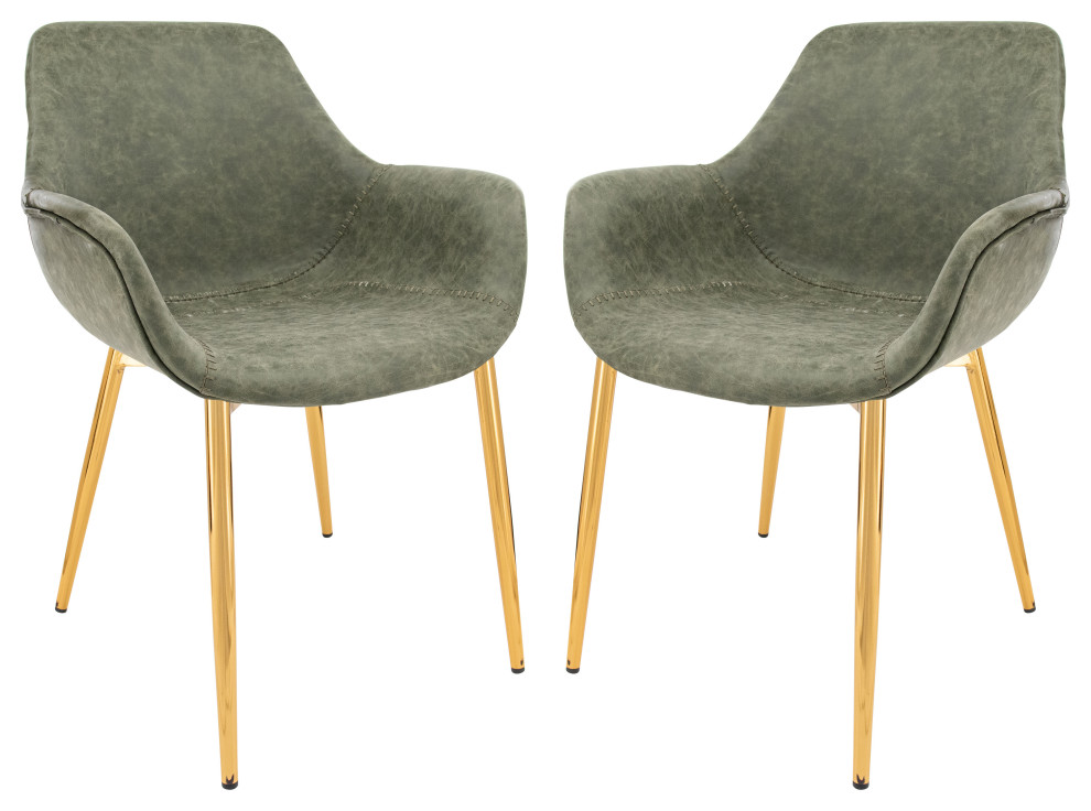 Modern Leather Dining Arm Chair, Gold Metal Legs Set of 2, Olive Green, ECG26G2 Midcentury