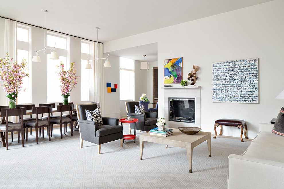 Contemporary formal open concept living room in New York with white walls, carpet and a ribbon fireplace.