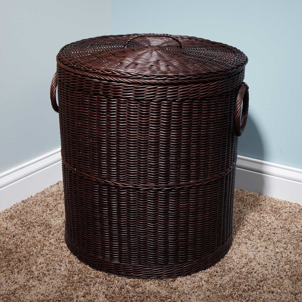 18" Ribbed Dark Brown Rattan Laundry Basket
