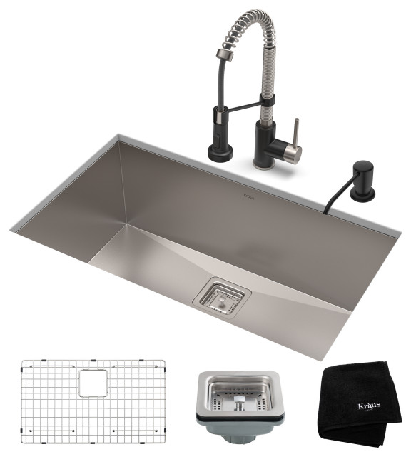 28 1/2" Undermount Stainless Steel Kitchen Sink, Pull-Down Faucet SSMB Dispenser
