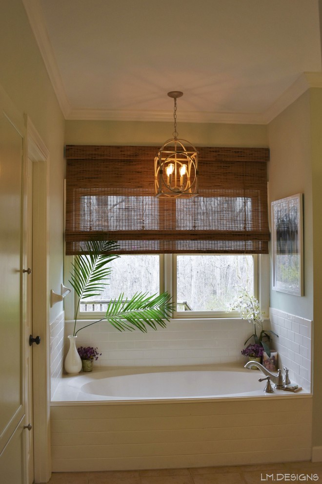 Inspiration for a mid-sized transitional master white tile and subway tile alcove bathtub remodel with green walls