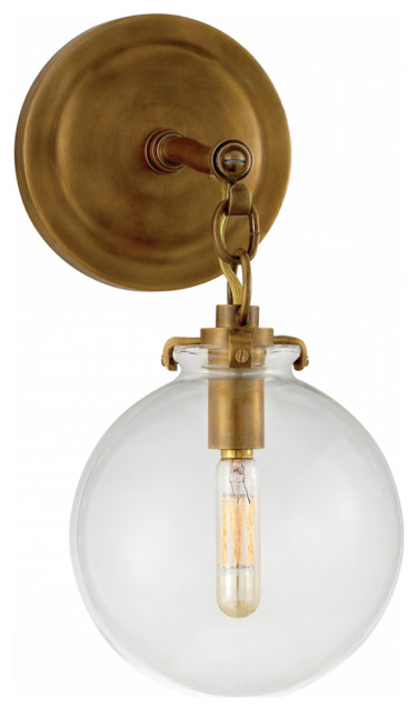 Bathroom Wall Sconce, 1-Light Globe, Hand-Rubbed  Brass, Clear Glass, 12.5"H