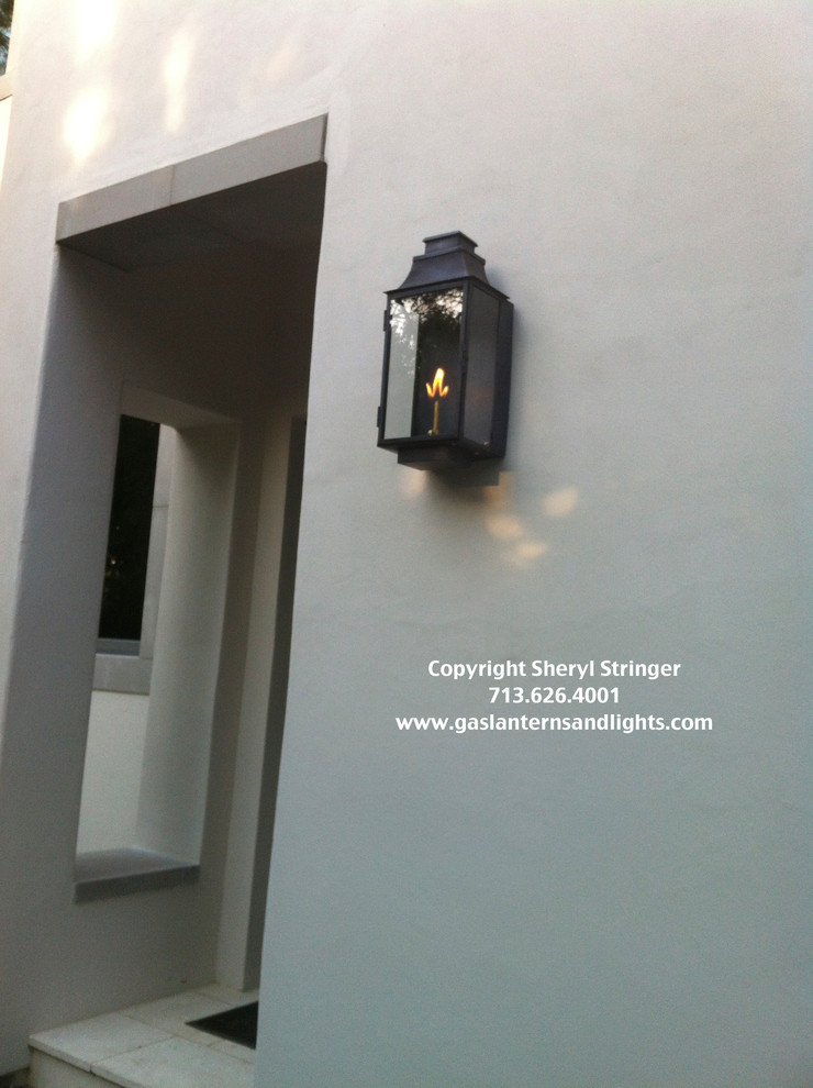 Sheryl's Flush Mount Gas Lantern with Dark Patina on Contemporary Home