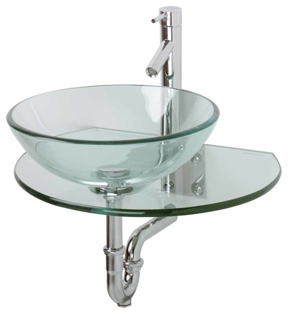 Wall Mount Tempered Glass Vessel Sink Round And Clear With Faucet