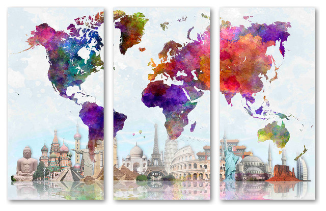 Colorful Travel The World Map Canvas Print, 3 Panel Split, Triptych ...