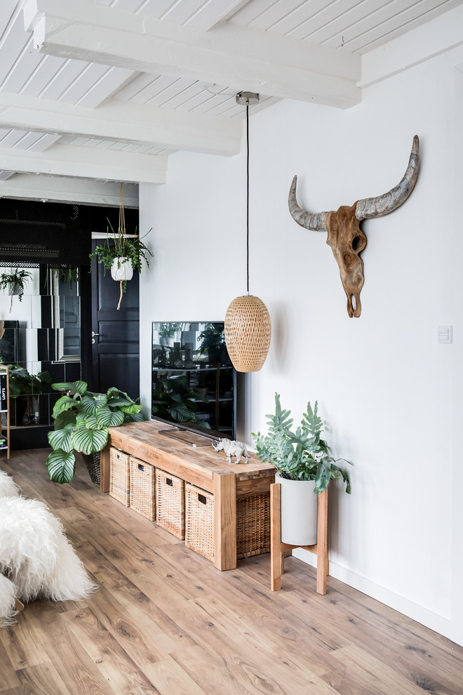 Design ideas for a mid-sized eclectic living room in Copenhagen with black walls and laminate floors.