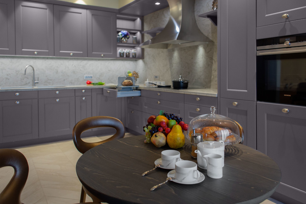 Large eclectic l-shaped open plan kitchen in Other with a double-bowl sink, purple cabinets, quartz benchtops, beige splashback, stone slab splashback, coloured appliances, ceramic floors, a peninsula, beige floor, beige benchtop and shaker cabinets.