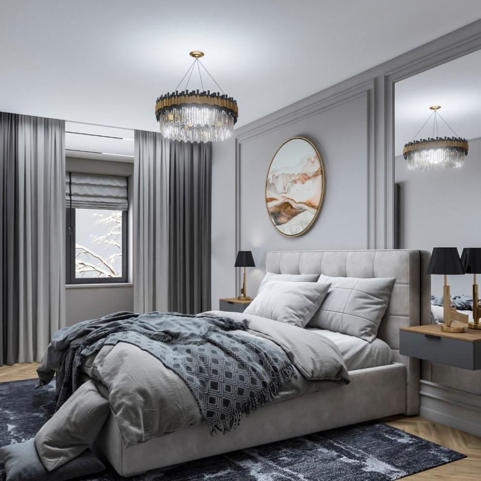 На фото: хозяйская спальня среднего размера в классическом стиле с серыми стенами, паркетным полом среднего тона, бежевым полом и акцентной стеной с