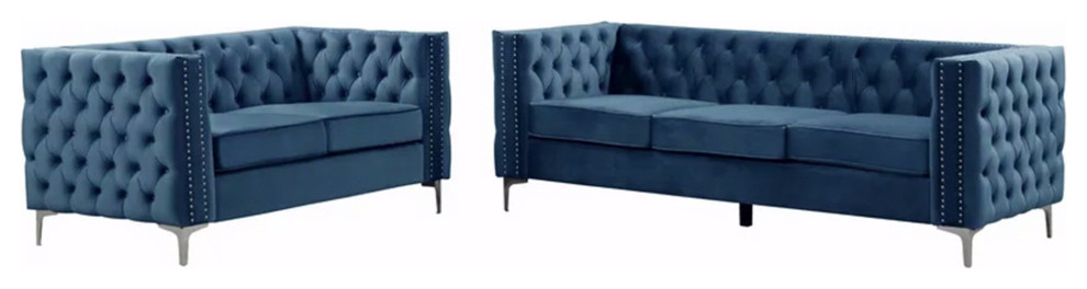 Rebekah 2 Piece Velvet Living Room Set Sofa, Loveseat 2-Pieces, Grey, Navy Blue
