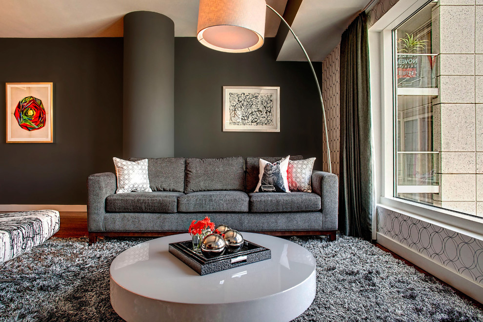 Living room - large modern formal and open concept dark wood floor living room idea in Los Angeles with black walls and no tv