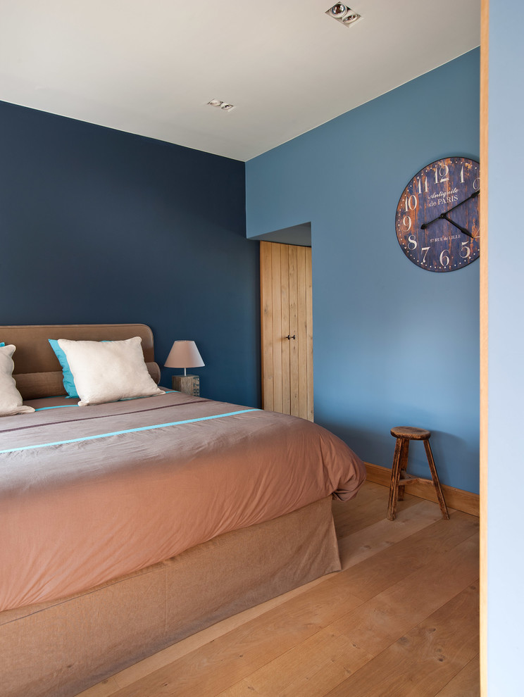 This is an example of a traditional bedroom in Other with blue walls.