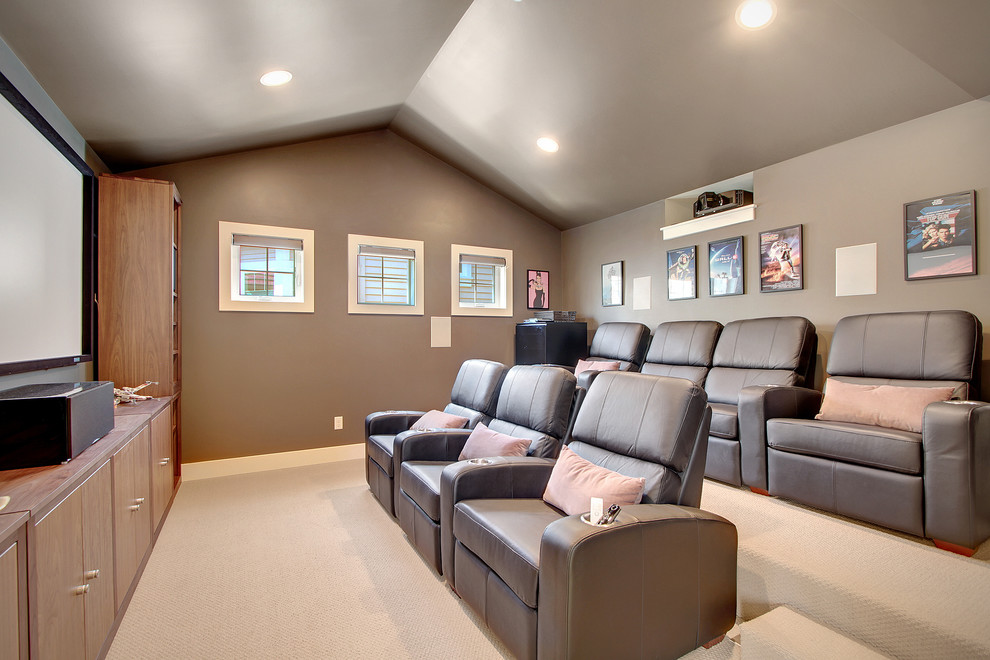 Design ideas for a transitional home theatre in Seattle with brown walls and beige floor.