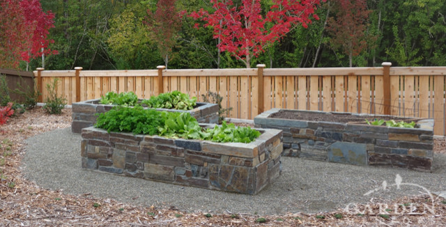 Photo of a mid-sized arts and crafts backyard full sun garden for summer in Seattle with a vegetable garden and natural stone pavers.