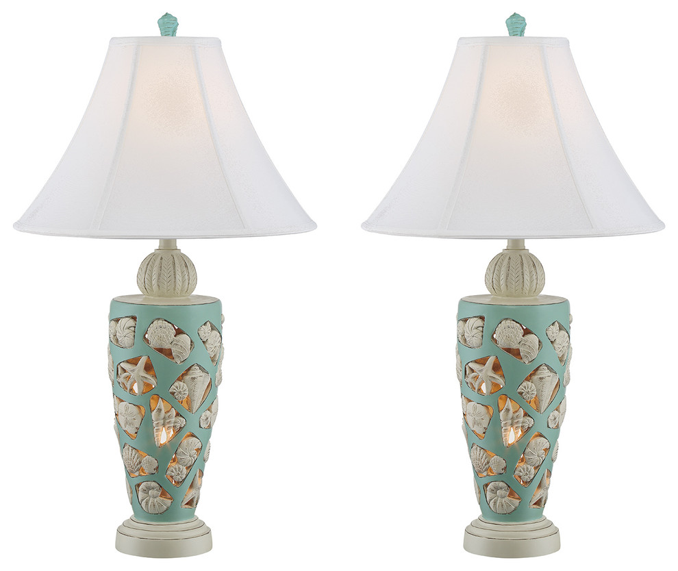 Seahaven Beach Shells Table Lamp, Set Of 2, Sky Blue Beach Style