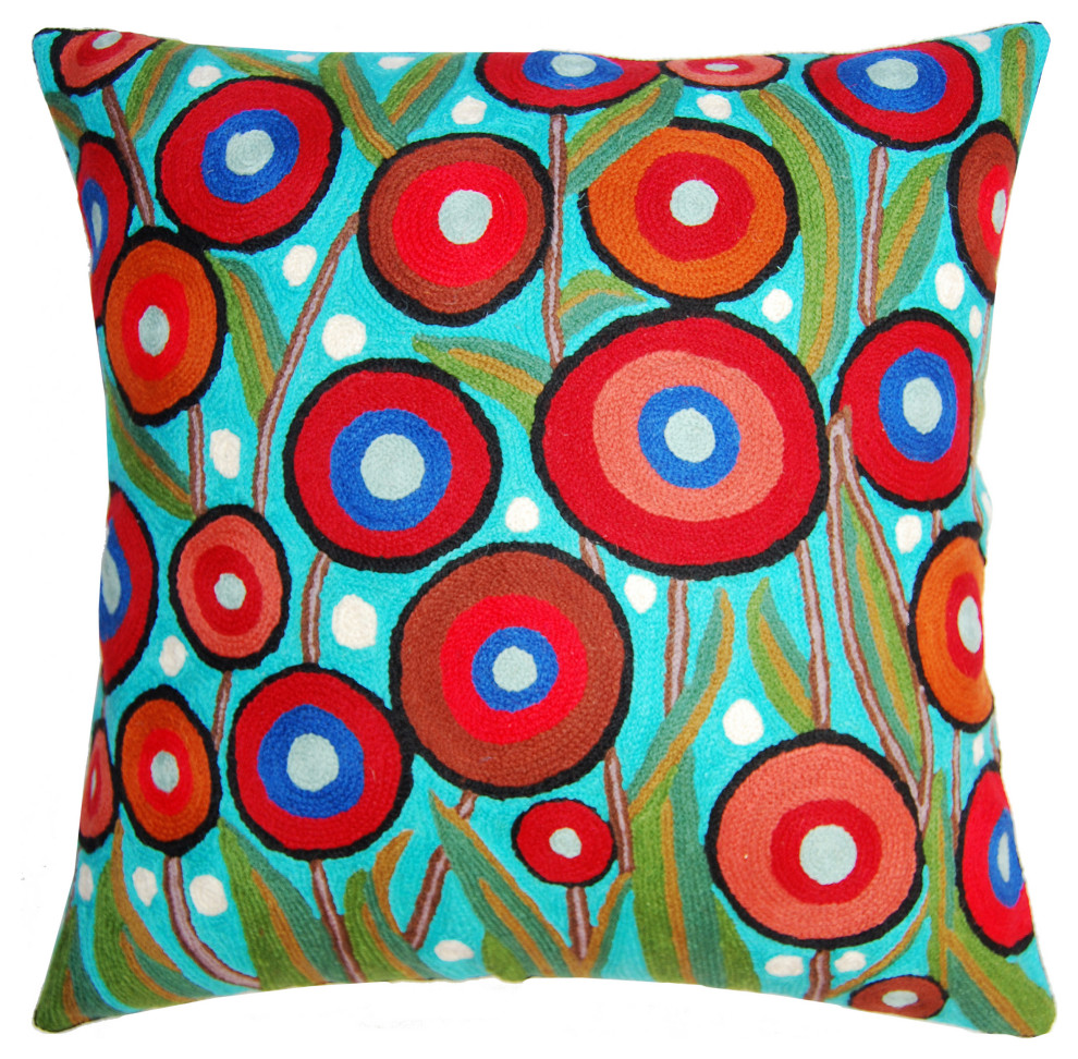 Turquoise Poppy Floral Pillow Cover Red Poppies Hand Embroidered Wool 18x18