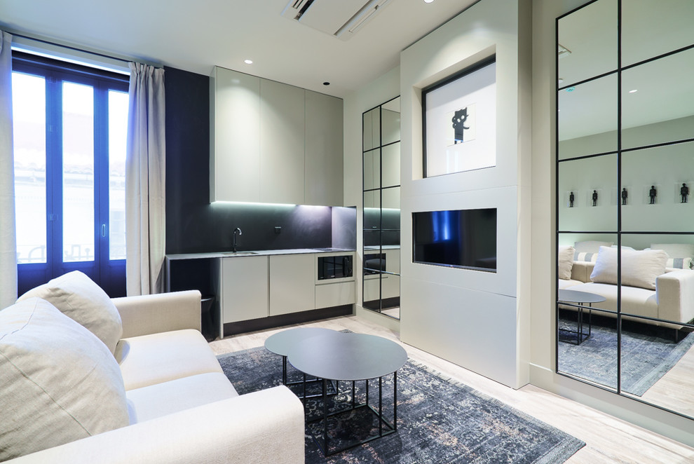 Foto de sala de estar cerrada actual pequeña sin chimenea con paredes blancas, suelo de madera clara y pared multimedia