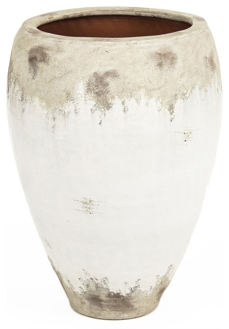 Siena Large White Rustic Distressed White Ceramic Wide Top Floor Vase