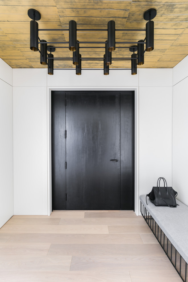 Design ideas for a mid-sized contemporary foyer in Chicago with a black front door, white walls and light hardwood floors.