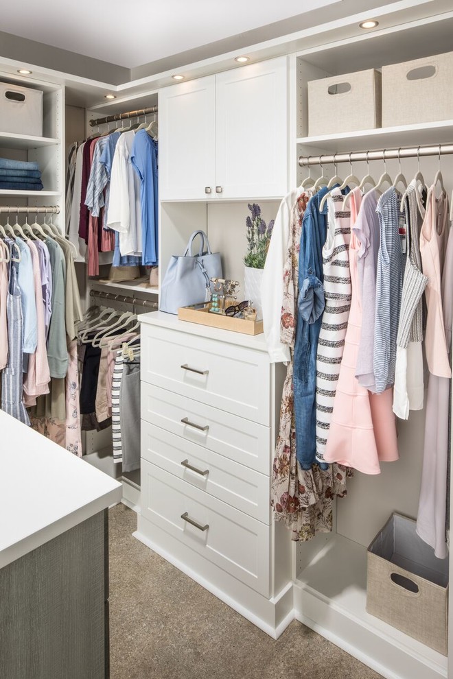 Mid-sized contemporary gender-neutral walk-in wardrobe in Seattle with white cabinets, carpet, brown floor and shaker cabinets.