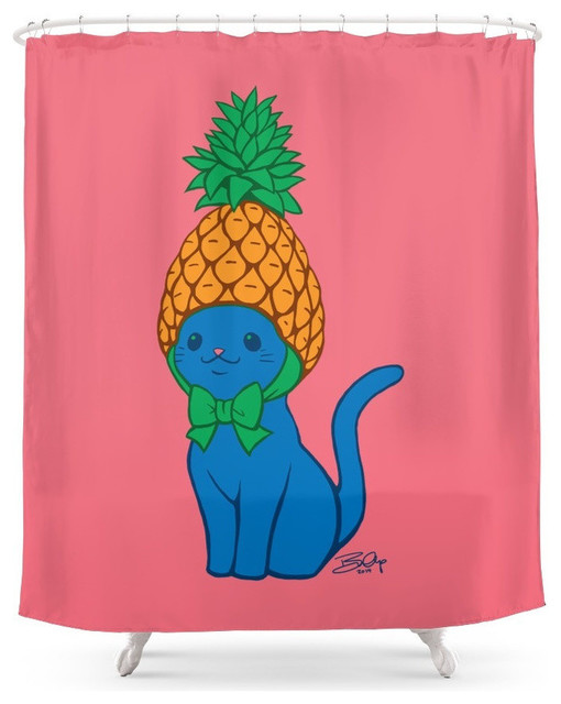 Blue Cat Wears Pineapple Hat Shower Curtain Tropical Shower