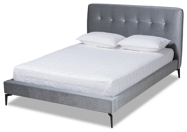 Elegant Style Silver Grey Velvet Fabric, Grey Fabric Platform Bed King