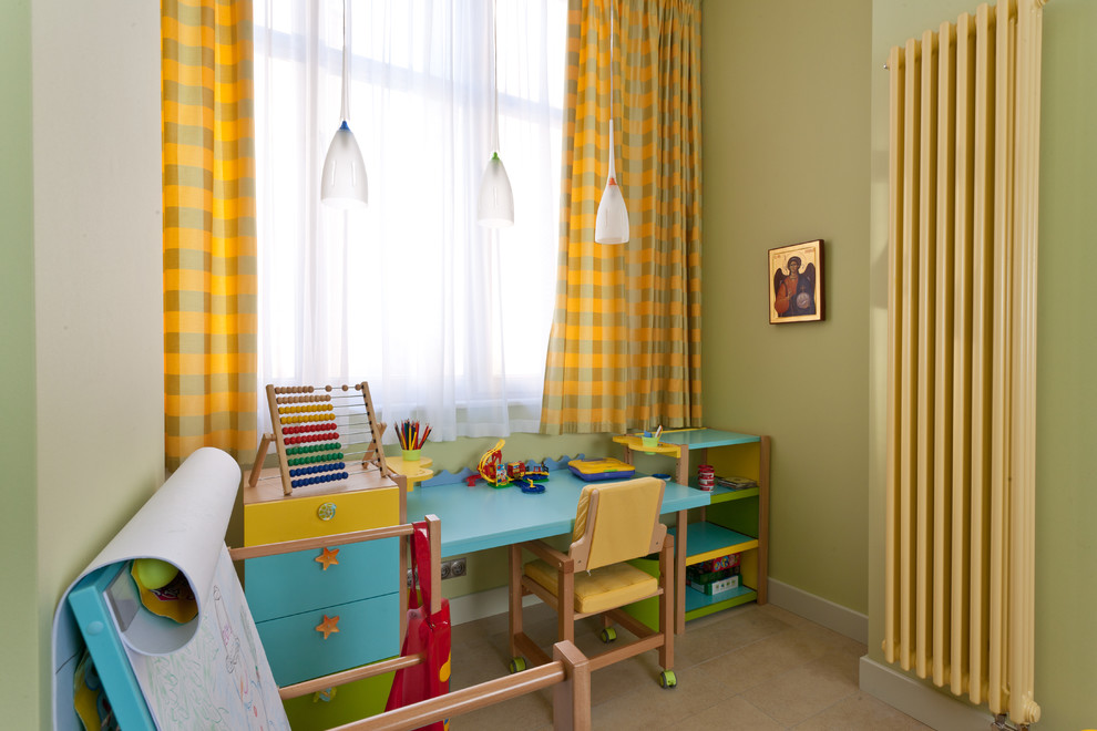 Design ideas for a mid-sized contemporary kids' bedroom for kids 4-10 years old and boys in Moscow with green walls and dark hardwood floors.
