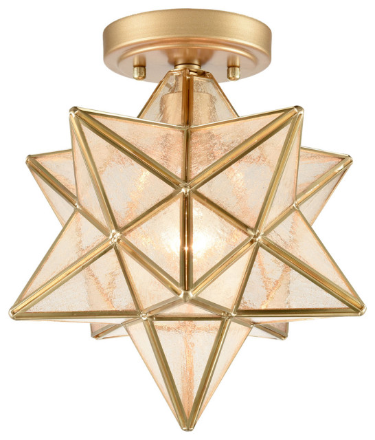 Modern Moravian Star Ceiling Light With Seeded Glass Brass, Brass, 12"