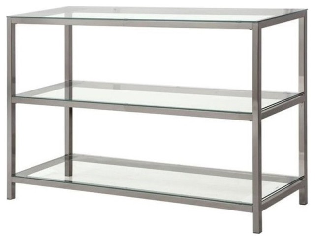Bowery Hill 2 Shelf Glass Console Table In Black Nickel Tables By Homesquare Houzz Bowery Hill 2 Shelf Glass Console Table, Glass Sofa Table With Shelf