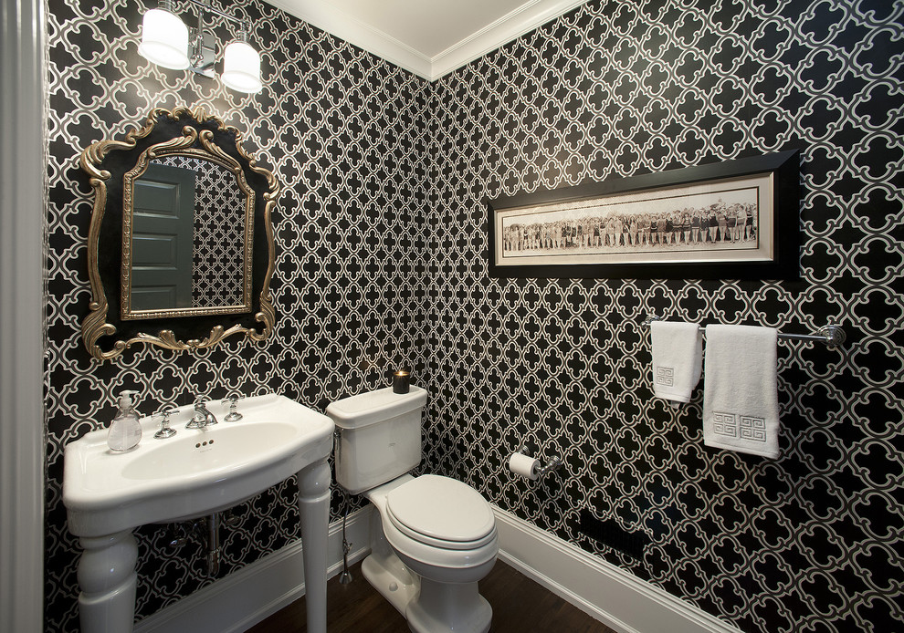 This is an example of a contemporary bathroom in Philadelphia with a console sink and black walls.